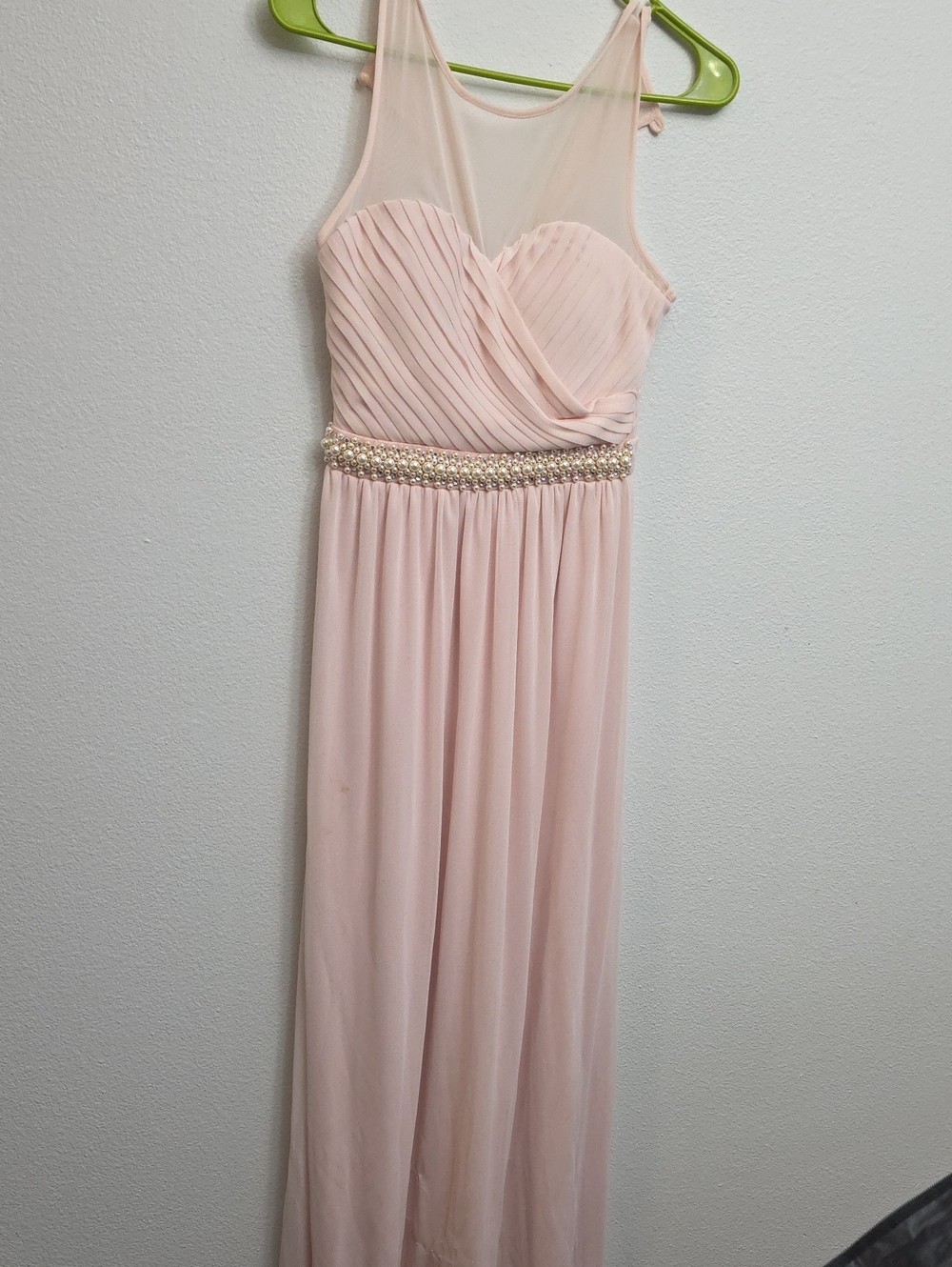 Sheer Yoke Pleated Blush Pink Evening Dress with Beaded Waist